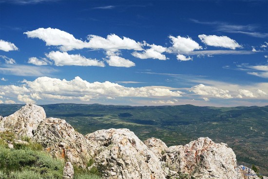 Red Lichens on Rocks and Uinta Mountains from Bald Mountain, Deer Valley, Utah