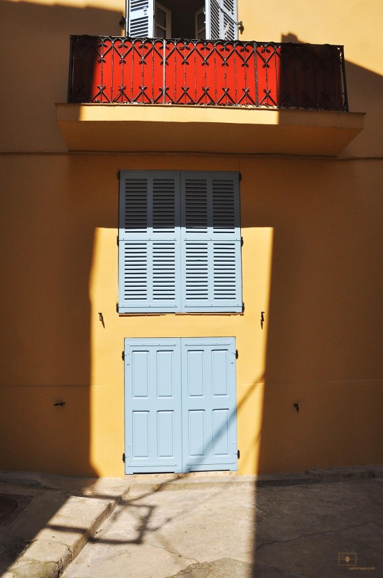Red Balcony with Blue Shutters, Antibes, France Red Balcony with Blue Shutters, Antibes, France
