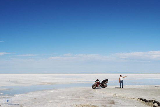 Man Taking Selfie with Motorcycle at Bonneville Salt Flats, Wendover, Utah