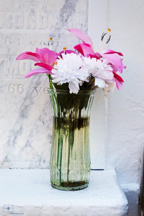 Chrysanthemums and Pink Lilies in a Glass Vase, Lafayette Cemetery, New Orleans
