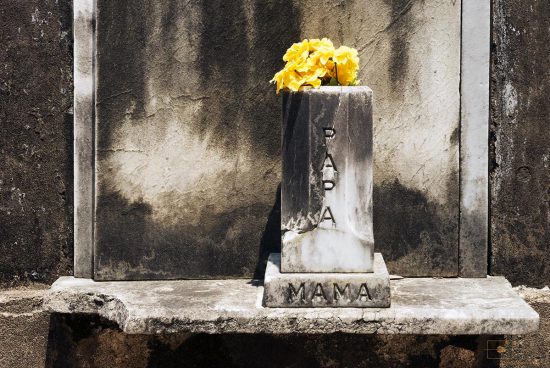 Yellow Marigolds in Marble Vase, Lafayette Cemetery No 1, New Orleans Yellow Marigolds in Marble Vase with Papa and Mama Inscribed, Lafayette Cemetery No 1, New Orleans