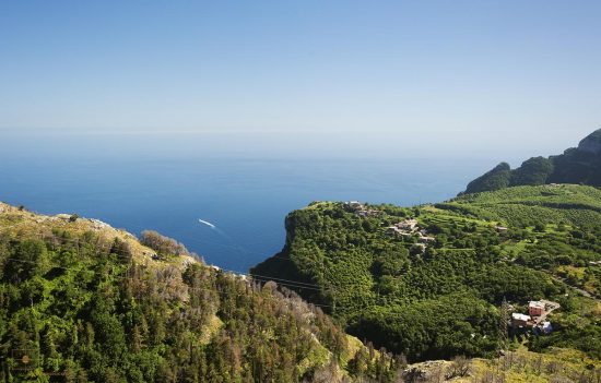 Boat out of Positano on the Gulf of Salerno from Punta Medico, Santa Maria del Castello, Italy